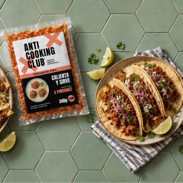 Mesa con tacos de cochinita pibil para compartir