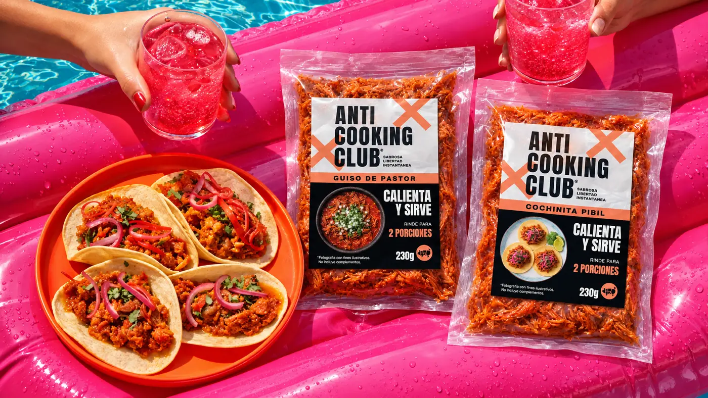 Tacos de cochinita y empaques de Anti Cooking Club junto a una piscina